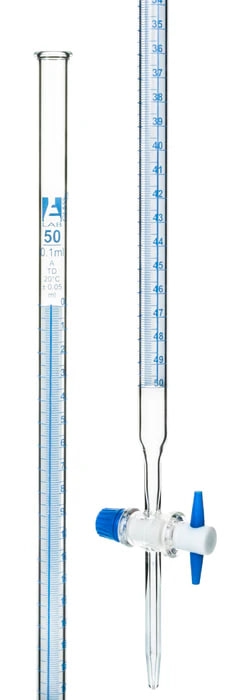 CH0241KБюретки – с полоской Шелбаха, из стекла, с краном PTFE, 50 мл.