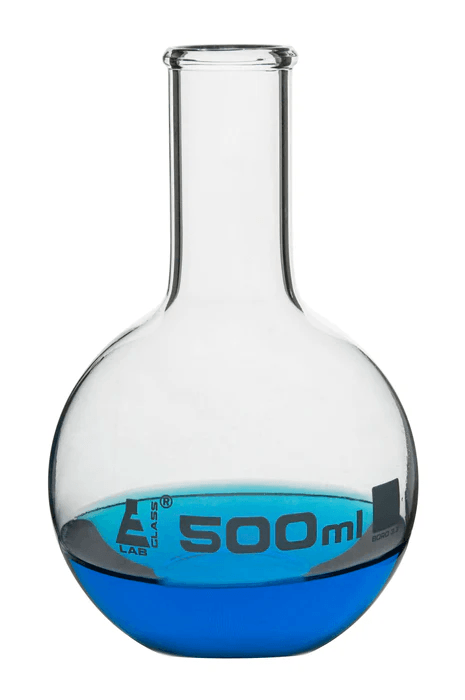 EGL0410FКолба для варки, плоское дно, узкое горло, с ободком, 500 мл, боросиликатное стекло