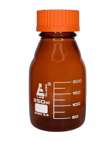 Бутыль для реагентов, янтарного цвета, боросиликатное стекло, с завинчивающейся крышкой (GL 45), 250 мл / Bottle Reagent Amber, borosilicate glass, with screw cap (GL 45) 250 ml