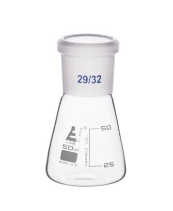 Колба Эрленмейера 50 мл, шлиф 29/32, узкое горло, со сменным шарниром, боросиликатное стекло / Flask Conical 50 ml, Socket size 29/32, narrow neck, with interchangeable joint, borosilicate glass