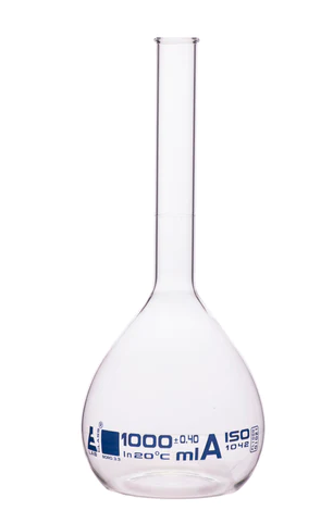 Мерная колба класса «А», 1000 мл, боросиликатное стекло, с ободком, без пробки / Flask Volumetric class 'A', cap. 1000 ml, borosilicate glass with rim without stopper