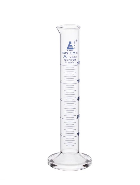 Цилиндр мерный градуированный, 50 мл, класса «A», круглая основа с носиком, боросиликатное стекло, синяя шкала / Cylinder Measuring Graduated, cap. 50 ml, class 'A', round base with spout, borosilicate glass, Blue Graduation