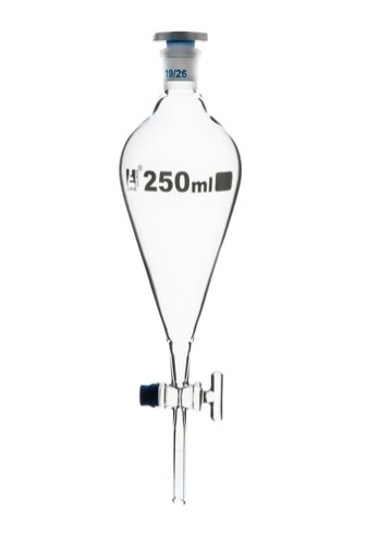 Разделительная воронка, грушевидная форма - кран из стекла, пластиковая пробка, 250 мл / Squibb Separating Funnel - Glass Key Stopcock, Plastic Stopper 250 ml