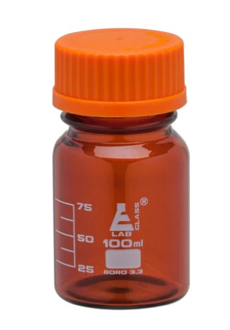 Бутыль для реагентов, янтарного цвета, боросиликатное стекло, с завинчивающейся крышкой (GL 45), 100 мл / Bottle Reagent Amber, borosilicate glass, with screw cap (GL 45) 100 ml