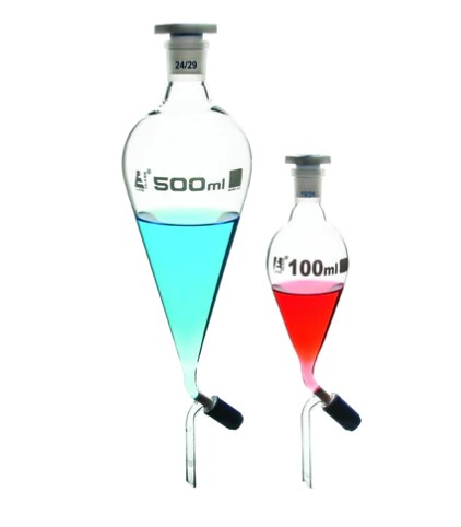 Разделительная воронка – грушевидная форма, 250 мл, шлиф 19/26, боросиликатное стекло, со сменной пластиковой пробкой и запорным краном, градуированная / Funnel Separating - Squibb, cap. 250 ml, socket size 19/26, borosilicate glass, with interchangeable 