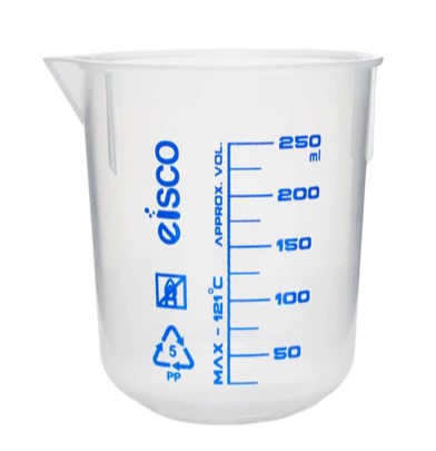 Стакан - РР, низкая форма, с носиком, оттиском шкалы, 250 x 25 мл ( Beaker - Polypropylene, low form with spout Screen Printed 250 x 25 ml ECH0139C/PR)
