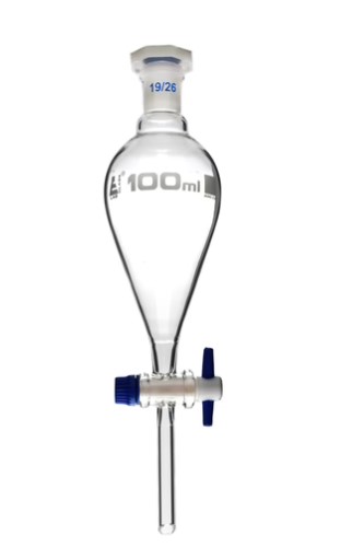 Разделительная воронка, грушевидная форма - кран PTFE, пластиковая пробка, 100 мл / Squibb Separating Funnel - PTFE Key Stopcock, Plastic Stopper 100 ml