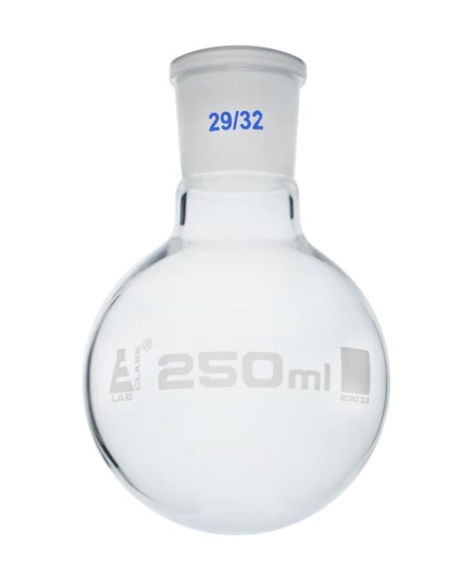Колба для варки с шарниром 250 мл, шлиф 29/32, круглое дно, сменный шарнир, монолитное горло, боросиликатное стекло / Flask Boiling with joint 250 ml, socket size 29/32, round bottom, interchangeable joint, single neck, borosilicate glass