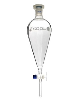 Разделительная воронка, грушевидная форма - кран из стекла, пластиковая пробка, 500 мл / Squibb Separating Funnel - Glass Key Stopcock, Plastic Stopper 500 ml