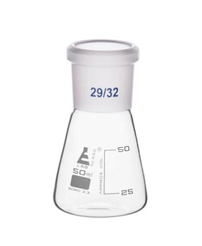 Колба Эрленмейера 50 мл, шлиф 29/32, узкое горло, со сменным шарниром, боросиликатное стекло / Flask Conical 50 ml, Socket size 29/32, narrow neck, with interchangeable joint, borosilicate glass