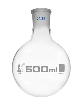 Колба для варки с шарниром 500 мл, шлиф 29/32, круглое дно, сменный шарнир, монолитное горло, боросиликатное стекло / Flask Boiling with joint 500 ml, socket size 29/32, round bottom, interchangeable joint, single neck, borosilicate glass