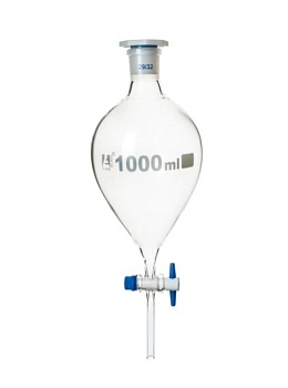 Разделительная воронка, грушевидная форма - кран PTFE, пластиковая пробка, 1000 мл / Squibb Separating Funnel - PTFE Key Stopcock, Plastic Stopper 1000 ml