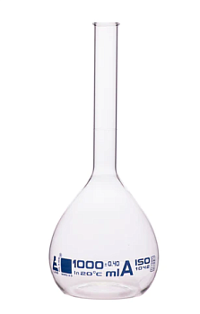 Мерная колба класса «А», 1000 мл, боросиликатное стекло, с ободком, без пробки / Flask Volumetric class 'A', cap. 1000 ml, borosilicate glass with rim without stopper