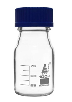 Бутыль для реагентов, градуированная, боросиликатное стекло, с завинчивающейся крышкой (GL 45), 100 мл / Bottle Reagent graduated, borosilicate glass, with screw cap (GL 45) 100 ml