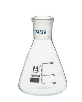Колба Эрленмейера 100 мл, шлиф 29/32, узкое горло, со сменным шарниром, боросиликатное стекло / Flask Conical 100 ml, Socket size 29/32, narrow neck, with interchangeable joint, borosilicate glass