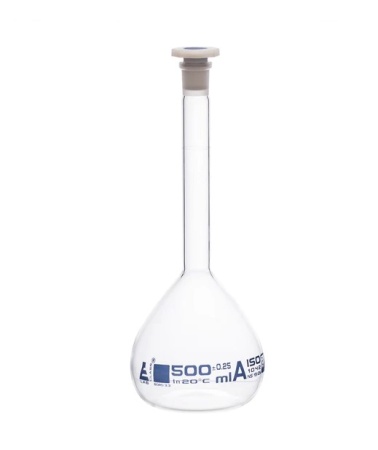 Мерная колба класса «А», 500 мл, шлиф 19/26, боросиликатное стекло, синяя маркировка / Flask Volumetric class 'A', cap. 500 ml, socket size 19/26, borosilicate glass, Blue Printing