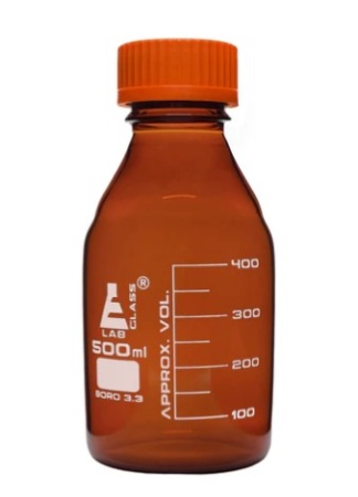 Бутыль для реагентов, янтарного цвета, боросиликатное стекло, с завинчивающейся крышкой (GL 45), 500 мл / Bottle Reagent Amber, borosilicate glass, with screw cap (GL 45) 500 ml