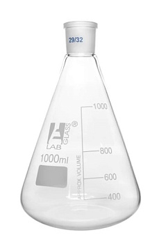Колба Эрленмейера 1000 мл, шлиф 29/32, узкое горло, со сменным шарниром, боросиликатное стекло / Flask Conical 1000 ml, Socket size 29/32, narrow neck, with interchangeable joint, borosilicate glass