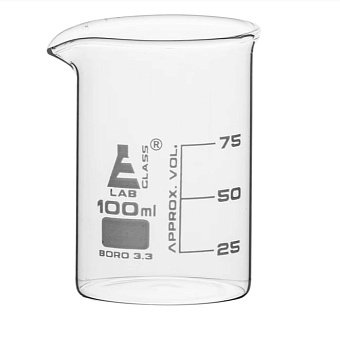 Стаканы - стеклянные - низкая форма, с носиком из боросиликатного стекла, градуированные, 100 мл / Beakers - Glass - Low Form, with spout made of borosilicate glass, graduated, 100 ml