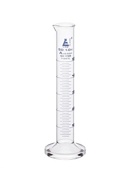 Цилиндр мерный градуированный, 50 мл, класса «A», круглая основа с носиком, боросиликатное стекло, синяя шкала / Cylinder Measuring Graduated, cap. 50 ml, class 'A', round base with spout, borosilicate glass, Blue Graduation