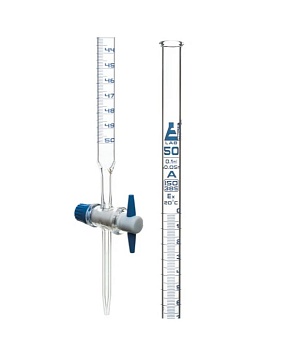 Бюретки с прямым сменным краном из ПТФЭ, 50 мл, класса «А», синяя шкала / Burettes with straight bore interchangeable PTFE key stopcock, cap. 50 ml, class 'A', Blue Graduation