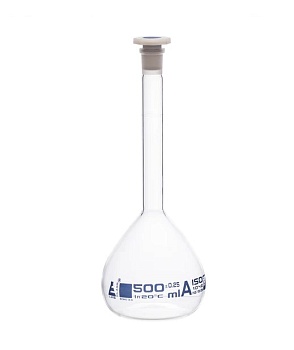 Мерная колба класса «А», 500 мл, шлиф 19/26, боросиликатное стекло, синяя маркировка / Flask Volumetric class 'A', cap. 500 ml, socket size 19/26, borosilicate glass, Blue Printing