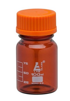 Бутыль для реагентов, янтарного цвета, боросиликатное стекло, с завинчивающейся крышкой (GL 45), 100 мл / Bottle Reagent Amber, borosilicate glass, with screw cap (GL 45) 100 ml