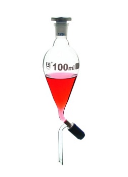 Разделительная воронка – грушевидная форма, 100 мл, шлиф 19/26, боросиликатное стекло, со сменной пластиковой пробкой и запорным краном, градуированная / Funnel Separating - Squibb, cap. 100 ml, socket size 19/26, borosilicate glass, with interchangeable 