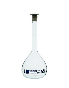 Мерная колба класса «А», 1000 мл, шлиф 24/29, боросиликатное стекло, синяя маркировка / Flask Volumetric class 'A', cap. 1000 ml, socket size 24/29, borosilicate glass, Blue Printing