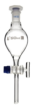 Разделительная воронка, грушевидная форма - кран из стекла, пластиковая пробка, 50 мл / Squibb Separating Funnel - Glass Key Stopcock, Plastic Stopper 50 ml