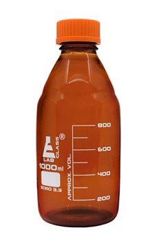 Бутыль для реагентов, янтарного цвета, боросиликатное стекло, с завинчивающейся крышкой (GL 45), 1000 мл / Bottle Reagent Amber, borosilicate glass, with screw cap (GL 45) 1000 ml