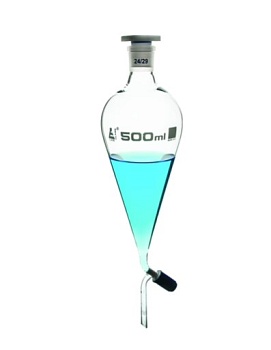 Разделительная воронка – грушевидная форма, 500 мл, шлиф 24/29, боросиликатное стекло, со сменной пластиковой пробкой и запорным краном, градуированная / Funnel Separating - Squibb, cap. 500 ml, socket size 24/29, borosilicate glass, with interchangeable 