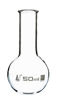 Колба для варки, плоское дно, узкое горло, с ободком, 50 мл, боросиликатное стекло / Flask Boiling - Florence, flat bottom, narrow neck with rim 50 ml, borosilicate glass