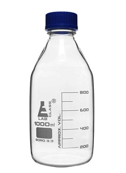 Бутыль для реагентов, градуированная, боросиликатное стекло, с завинчивающейся крышкой (GL 45), 1000 мл / Bottle Reagent graduated, borosilicate glass, with screw cap (GL 45) 1000 ml