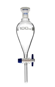 Разделительная воронка, грушевидная форма - кран PTFE, пластиковая пробка, 100 мл / Squibb Separating Funnel - PTFE Key Stopcock, Plastic Stopper 100 ml