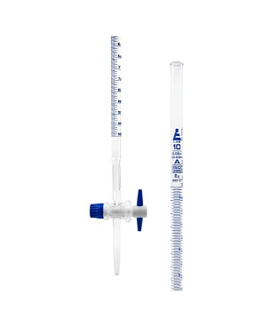 Бюретки с прямым сменным краном из ПТФЭ, 10 мл, класса «А», синяя шкала / Burettes with straight bore interchangeable PTFE key stopcock, cap. 10 ml, class 'A', Blue Graduation