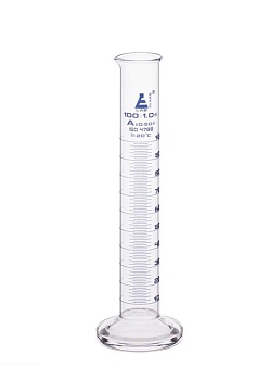 Цилиндр мерный градуированный, 100 мл, класса «A», круглая основа с носиком, боросиликатное стекло, синяя шкала / Cylinder Measuring Graduated, cap. 100 ml, class 'A', round base with spout, borosilicate glass, Blue Graduation