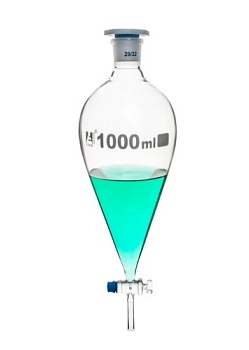 Разделительная воронка, грушевидная форма - кран из стекла, пластиковая пробка, 1000 мл / Squibb Separating Funnel - Glass Key Stopcock, Plastic Stopper 1000 ml