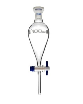 Разделительная воронка - Squibb, cap. 100 мл, размер патрубка 19/26, боросиликатное стекло, со сменной пластиковой пробкой и запорным краном из ПТФЭ, без градации