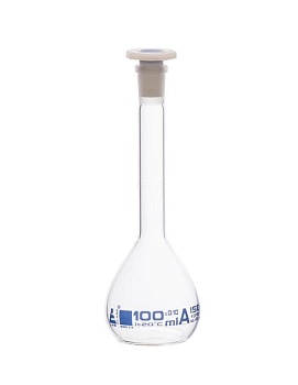 Мерная колба класса «А», 100 мл, шлиф 14/23, боросиликатное стекло, синяя маркировка / Flask Volumetric class 'A', cap. 100 ml, socket size 14/23, borosilicate glass, Blue Printing