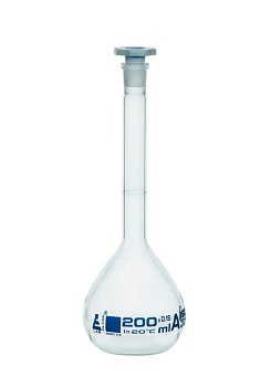 Мерная колба класса «А», 200 мл, шлиф 14/23, боросиликатное стекло, синяя маркировка / Flask Volumetric class 'A', cap. 200 ml, socket size 14/23, borosilicate glass, Blue Printing