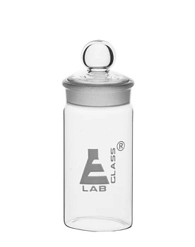 Бюкса - высокая, из боросиликатного стекла, со сменной притертой пробкой, 60 мл, OD 40 мм, высота 80 мм / Weighing bottle-Tall form, borosilicate glass with interchangeable ground stopper, cap. 60 ml, OD 40 mm, height 80 mm